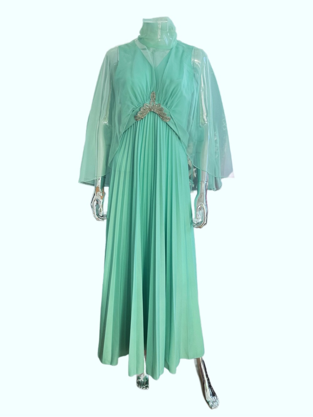 Mint green 1970s butterfly sleeve floor length gown